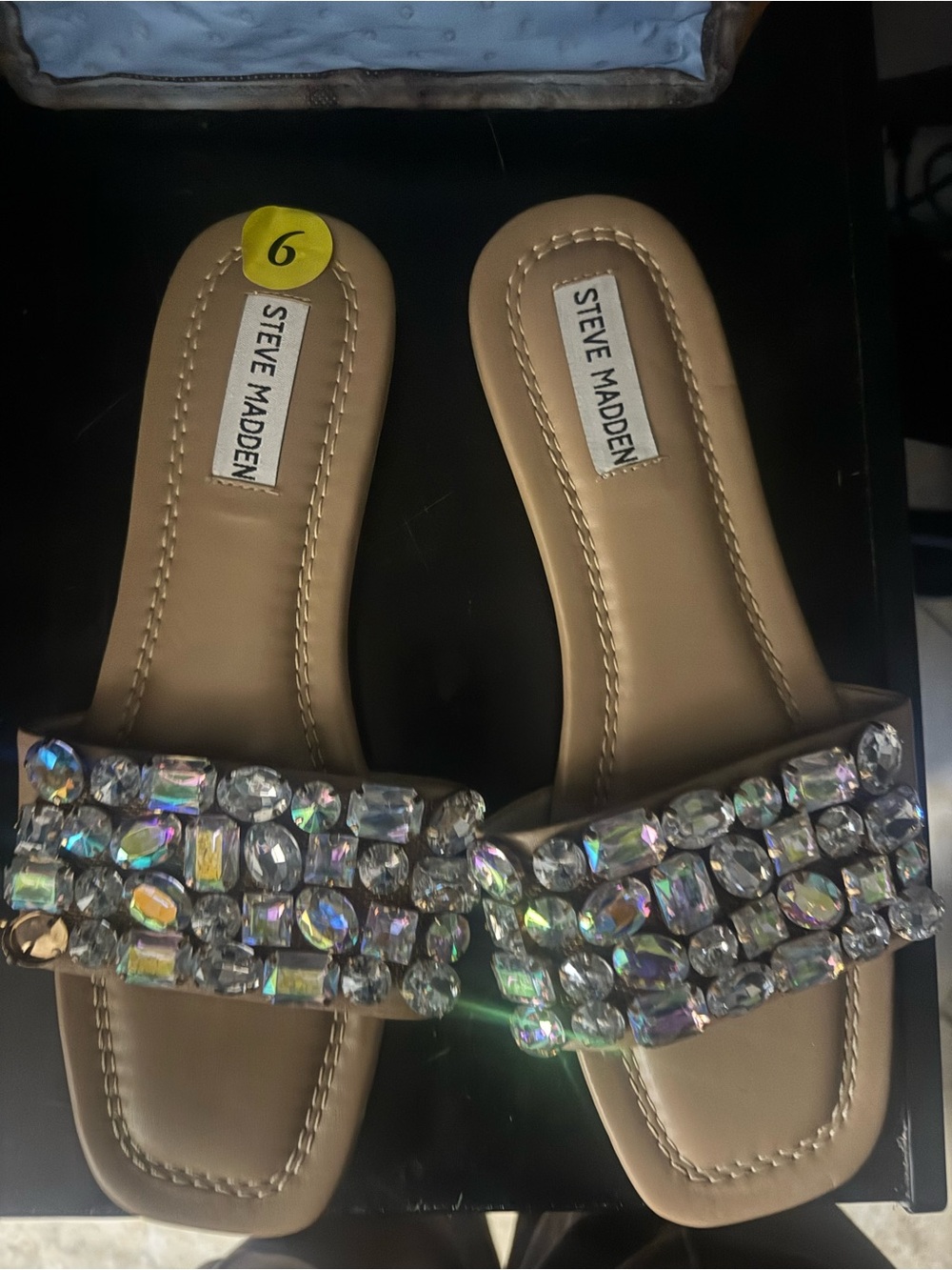Steve Madden Tan Slide Sandals with Iridescent Crystal Straps